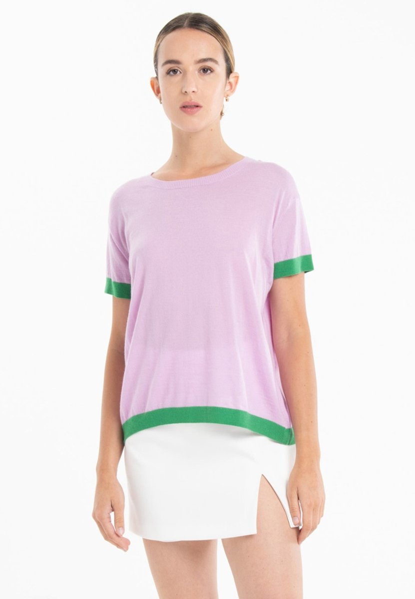 T shirt col rond manches courtes femme en cachemire & laine ultrafin lavande & vert - KELLY 1